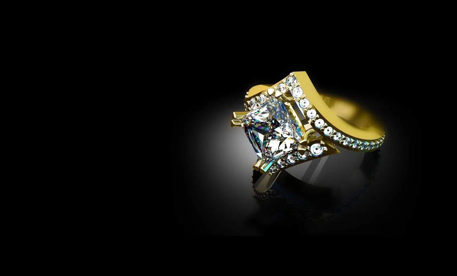 A gold ring set with a princess-cut diamond and a sweep of small diamonds, on black